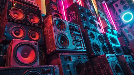 Neon Glow Retro Speakers Vintage Brick Wall Vibe