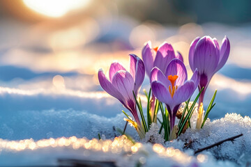 closeup of purple crocuses in bright light, sunny, emerging from melting snow in spring.