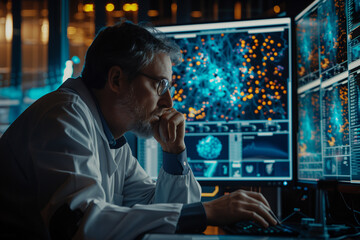 Scientist Analyzing Data on Multiple Computer Screens at Night