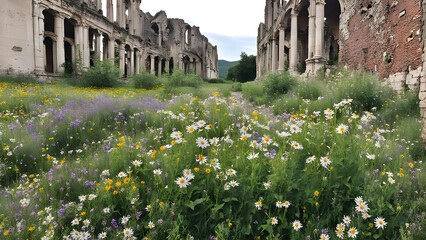 Obraz premium Nature's Reclamation: Wildflowers Blooming in Abandoned Building Ruins