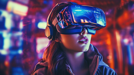 Woman with glasses of virtual reality. Future technology concept. - obrazy, fototapety, plakaty