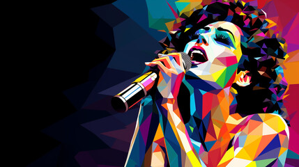 Digital pop  art of a female singer performing. Closeup of a live performer singing on the microphone, Created using generative AI tools
