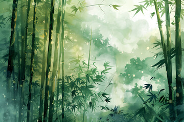 Bamboo Tree in Foggy Forest