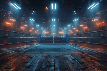 3D Boxer Arena with Viewers. Empty Boxing Ring with Viewers,
Boxing ring in the empty hall 3 d render
 - obrazy, fototapety, plakaty