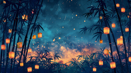 Bamboo Trees and Lanterns in Sky