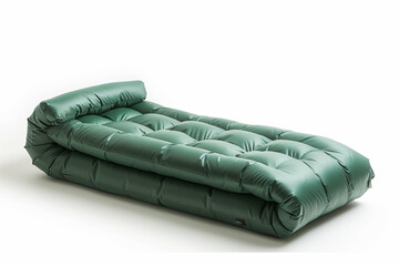 Fototapeta premium Green Sleeping Bag Rolled Up on White Background