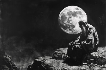Man Sitting on Rock With Full Moon