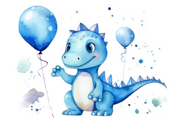 Cute Blue Dinosaur Balloons Isolated on White Watercolor Illustration. Greeting Birthday Card for Children