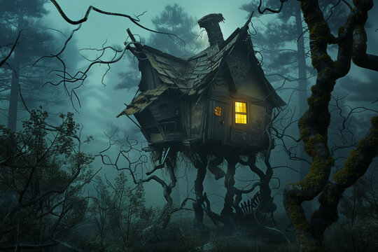 Creepy Witch Hut in Dark Forest at Night