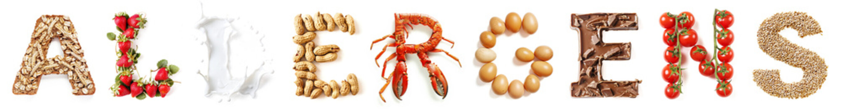 Allergens Text Made of Food Allergens (Gluten, Strawberry, Milk, Peanuts, Crustacean, Egg, Chocolate, Tomato, Sesame) Isolated on White Background