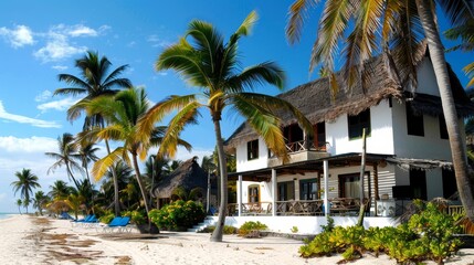 Fototapeta premium Beachfront resort hotel with palm trees AI generated illustration