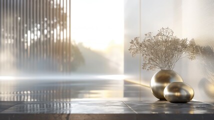 Modern interior scene with decorative vase and spheres in sunlight