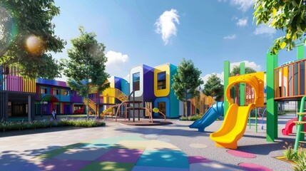 Bold colors and quirky designs in a cute 3D rendering of a school playground  AI generated illustration