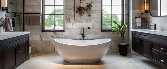 A stylish bathroom with marble walls and a freestanding bathtub, accented by matte black fixtures.