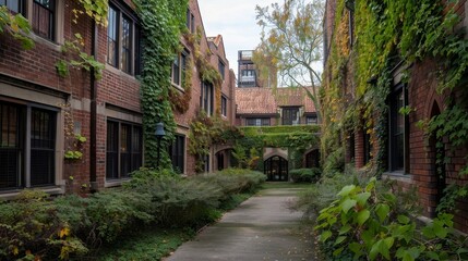 Brick buildings with ivy-covered walls  AI generated illustration