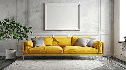 A splash of sunshine yellow brightens the room with a lemon-colored sofa against a backdrop of serene gray walls, accompanied by an empty white frame for artistic expression.