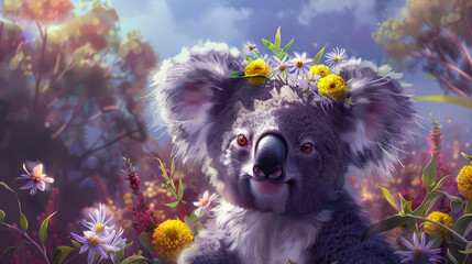   A koala wearing flowers on its head sits amidst a field filled with wildflowers and daisies
