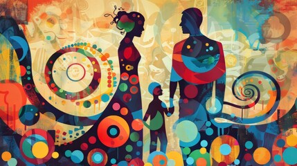 Colorful abstract family scene with a retro twist  AI generated illustration