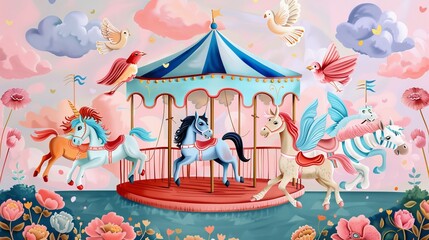 Colorful carousel with whimsical animals AI generated illustration