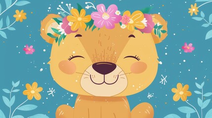   A bear donning a floral crown sits before a blue backdrop, adorned with blossoms