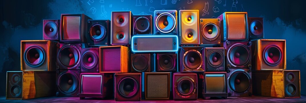 Neon Glow Retro Speakers Vintage Brick Wall Vibe