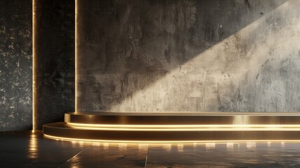 Modern minimalist interior with concrete walls and illuminated curved feature