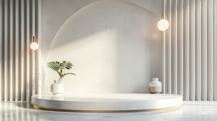 Minimalist style bathroom with circular mirror and modern lighting