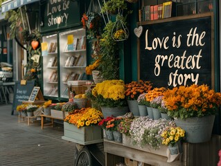 A sign on a building says "Love is the greatest story.". The sign is surrounded by a variety of flowers and plants, including potted plants and vases. The flowers are arranged in different colors