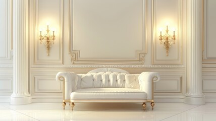 Elegant white sofa in luxurious room with ornate walls and sconces