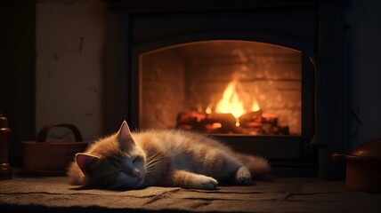 The cat sleeps next to the fireplace mantel - obrazy, fototapety, plakaty