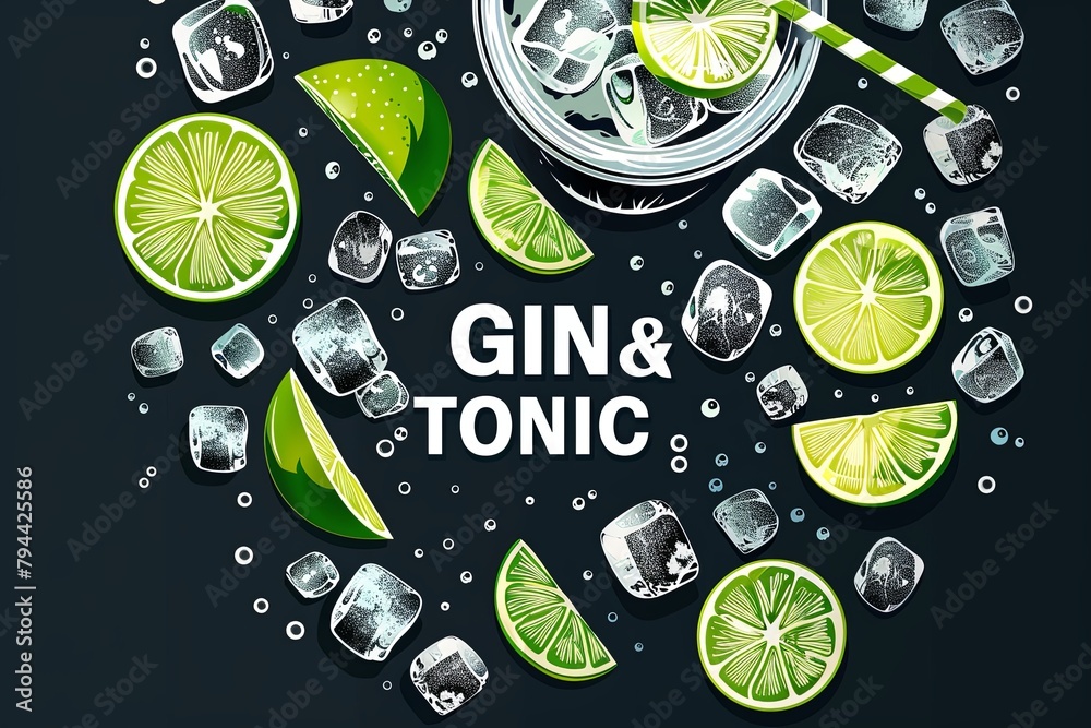 Poster This illustration highlights the simple elegance of a gin and tonic, ideal for social media campaigns and beverage menus.