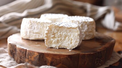 A wheel of rich, artisan soft cheese tantalizingly cut open, revealing its creamy interior, set upon a rustic wooden board—a gourmet delicacy for any cheese connoisseur