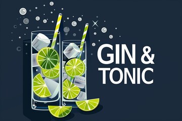 An energetic and stylish depiction of a gin and tonic, suited for bar menus, cocktail blogs, and lifestyle articles.