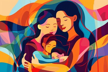 Vibrant illustration of a loving family hug, representing the warmth of maternal love, perfect for family-related content.