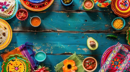 A vibrant Fiesta table adorned with colorful decorations placed on a wooden surface