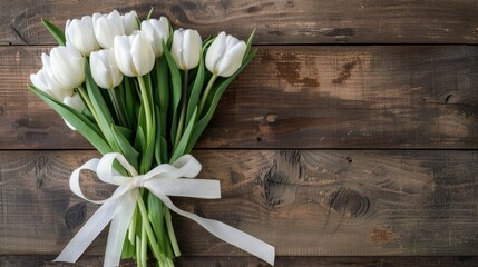 A stunning arrangement of white tulips elegantly tied with a white ribbon set against a rustic wooden backdrop Captured from above leaving room for additional elements