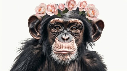   A tight shot of a monkey adorned with flowers in its headdress and a floral crown upon its head