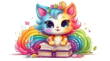 Adorable kitten sitting with a book against a colorful abstract background with a dreamy expression on his face. Cartoon illustration. Kitten with magical book.