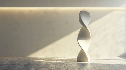 A sleek, modern sculpture standing alone in an empty, elegant room, its contours highlighted by vibrant accent lighting.