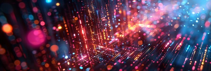 Naklejka premium Vibrant background filled with neon lights and dynamic shapes, reminiscent of a neon cityscape