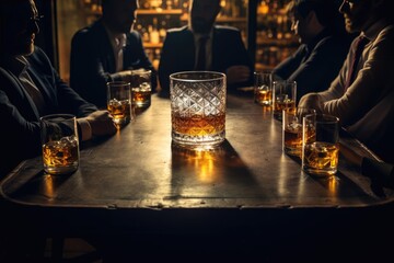Men gathered around table sipping whiskey in dimly lit room