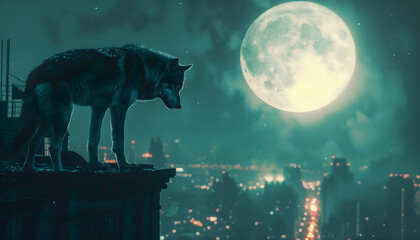 A wolf looking down over a city at night. The wolf's fur bristles with intensity, catching the moonlight in shades of silver and gray