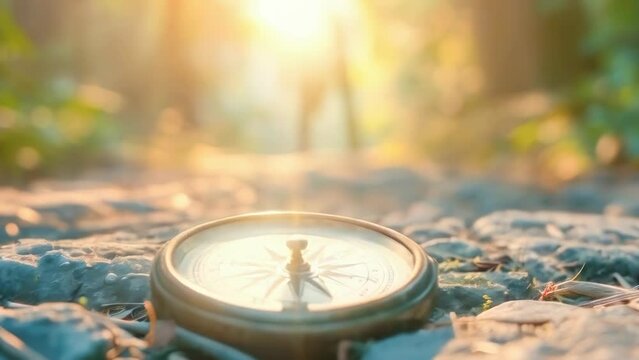 Iron vintage compass lies on rocks among forest and plants and reflects sunlight from glass, navigation in tourism and travel. Finding a Life Path and Motivation