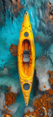 A yellow kayak floats on the water, showcasing electric blue paint
