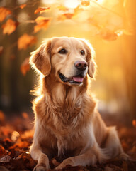 photo of a golden retriever dog against a background of autumn leaves сreated with Generative Ai