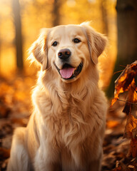 photo of a golden retriever dog against a background of autumn leaves сreated with Generative Ai