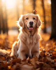 photo of a golden retriever dog against a background of autumn leaves сreated with Generative Ai