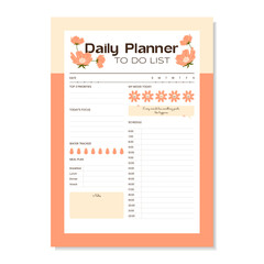 Template of trendy peachy personal daily planner for tracking your routine flowers, weekly and daily trackers. Trendy colors, printable blank for organize taks and schedule, track goal progress