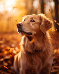 Obraz premium photo of a golden retriever dog against a background of autumn leaves сreated with Generative Ai