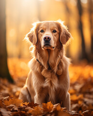 photo of a golden retriever dog against a background of autumn leaves сreated with Generative Ai